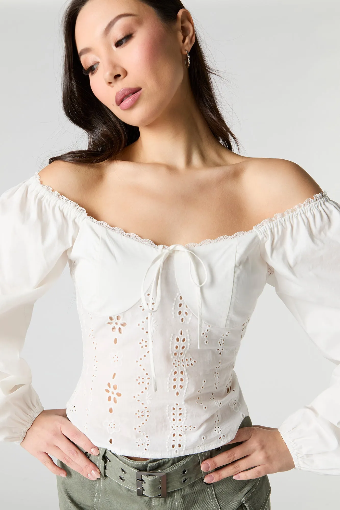 Eyelet Long Puff Sleeve Top sold by Urban Planet