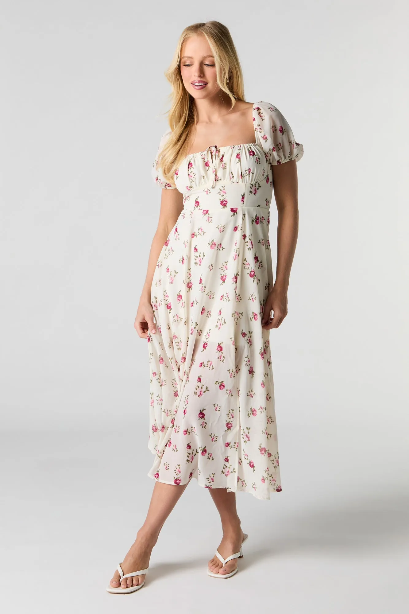 Floral Chiffon Midi Milkmaid Dress sold by Urban Planet