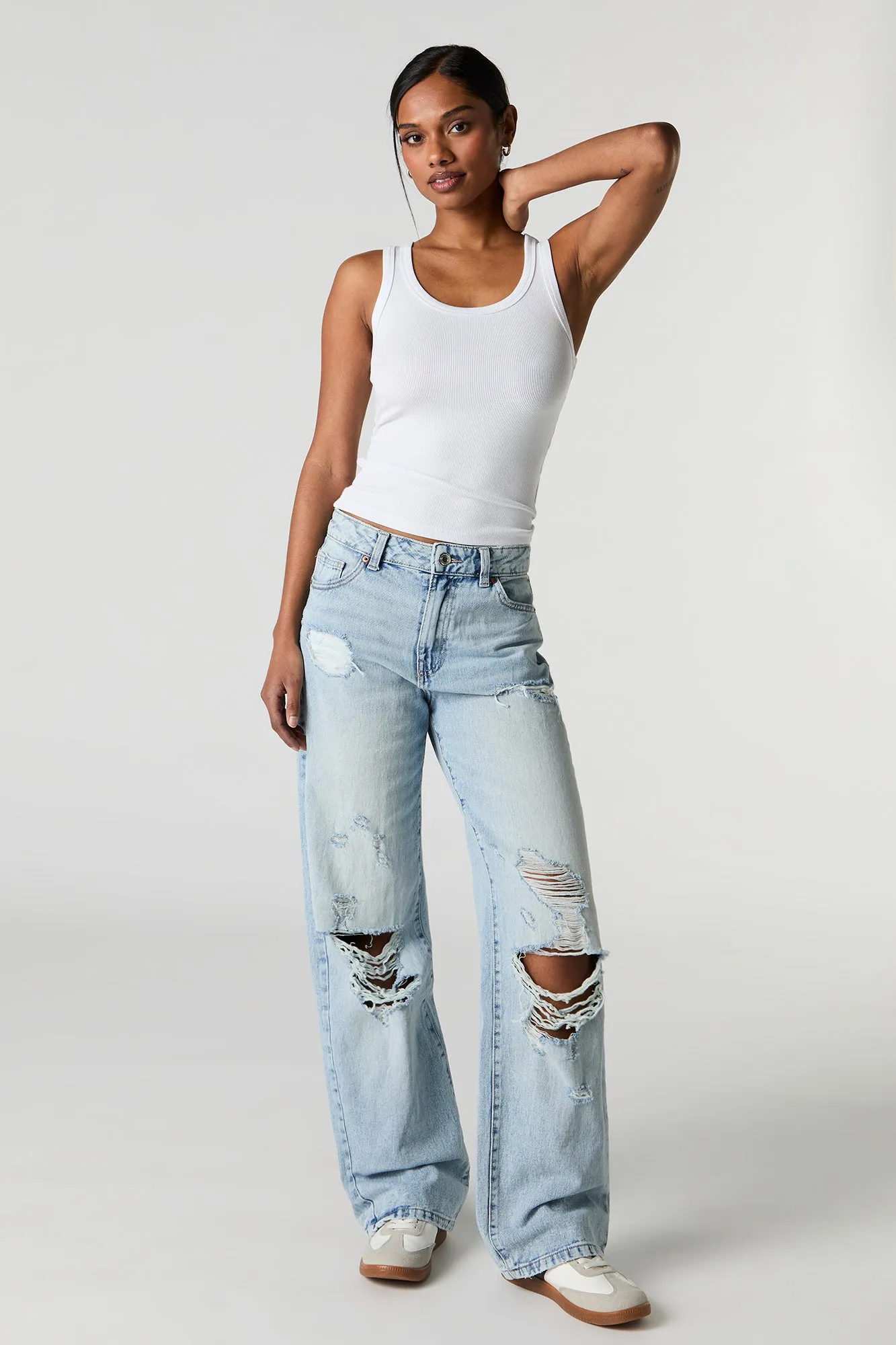 Light Wash Distressed High Rise Wide Leg Jean sold by Urban Planet