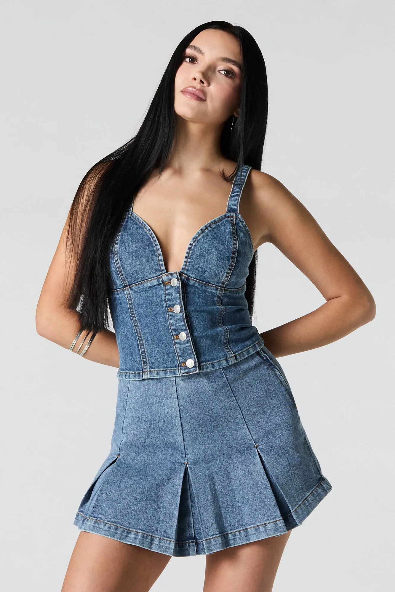 Denim Pleated Mini Skirt sold by Urban Planet