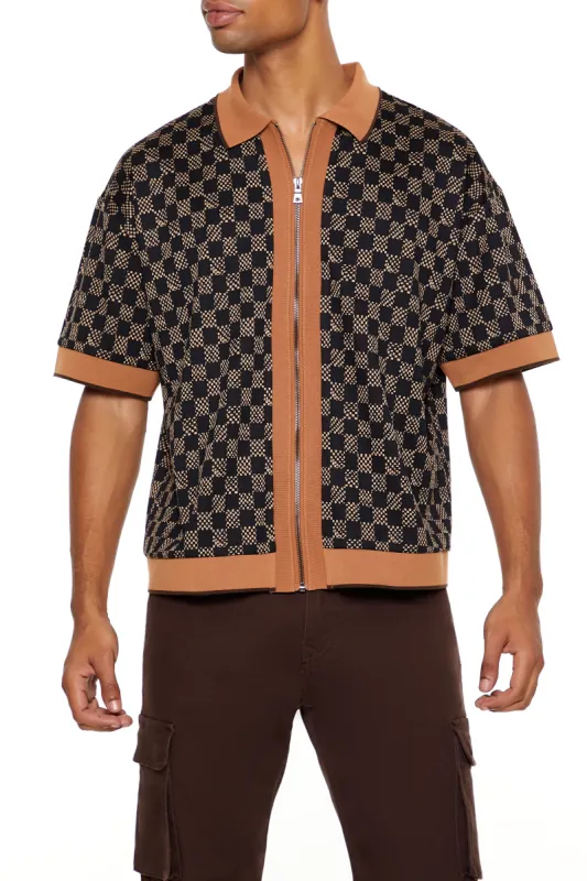 Checkered Zip-Up Short Sleeve Top sold by Urban Planet