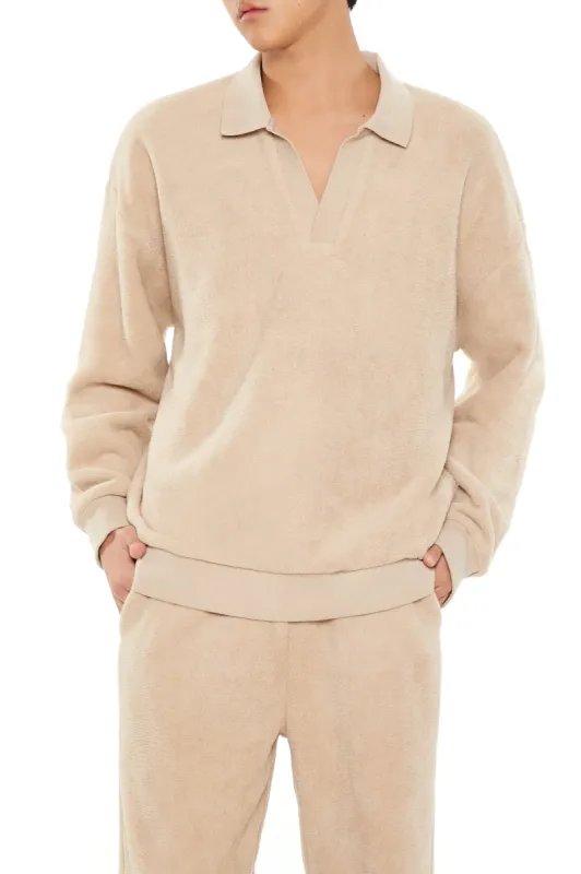 Fuzzy Knit Long Sleeve Polo Top sold by Urban Planet