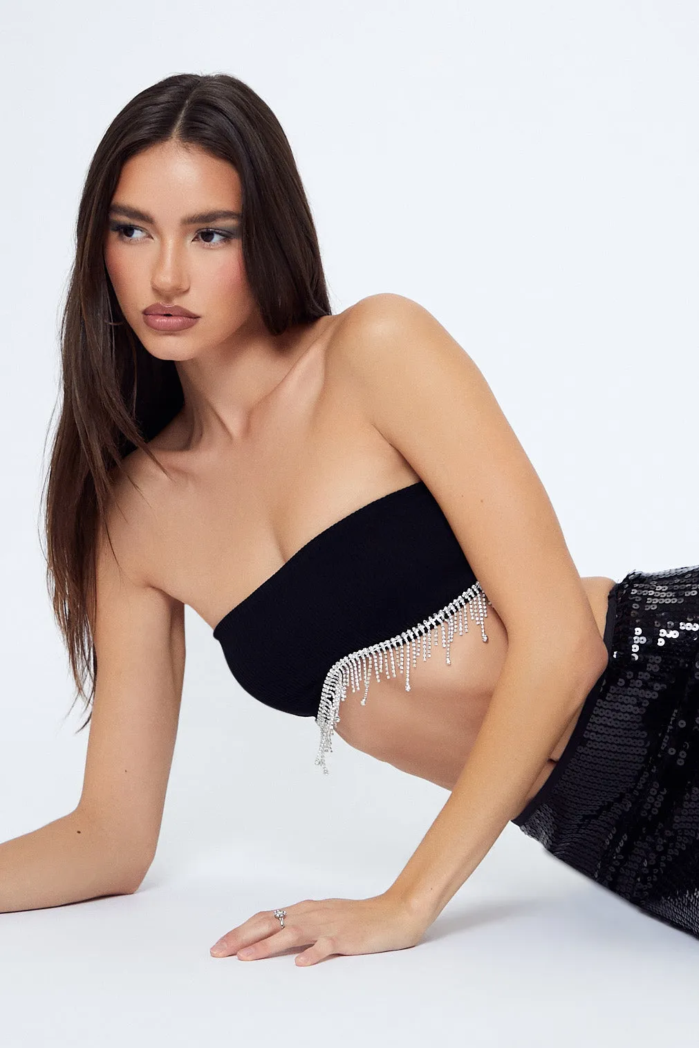 Seamless Rhinestone Fringe Bralette sold by Urban Planet