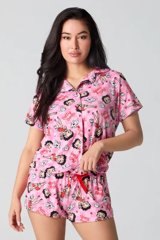 Cartoon Print Button-Up Top & Short 2 Piece Pajama Set sold by Urban Planet