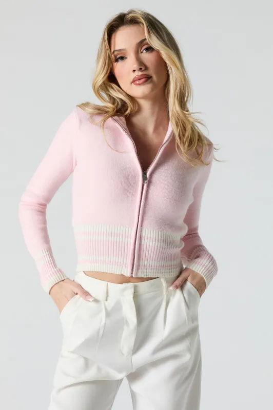 Contrast Striped Knit Zip-Up Sweater sold by Urban Planet