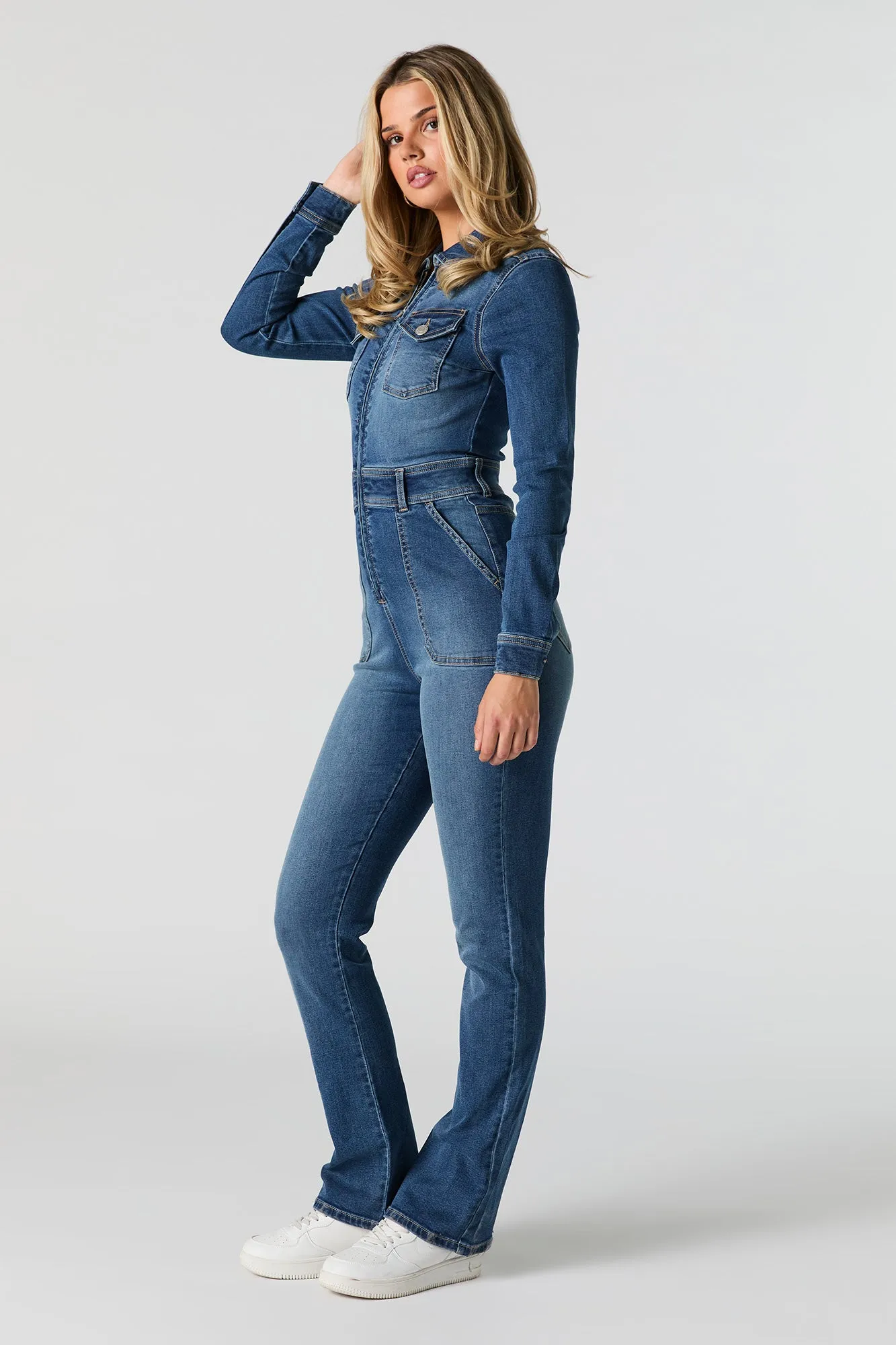 Denim Zip-Up Collared Long Sleeve Jumpsuit sold by Urban Planet product image thumbnail 2
