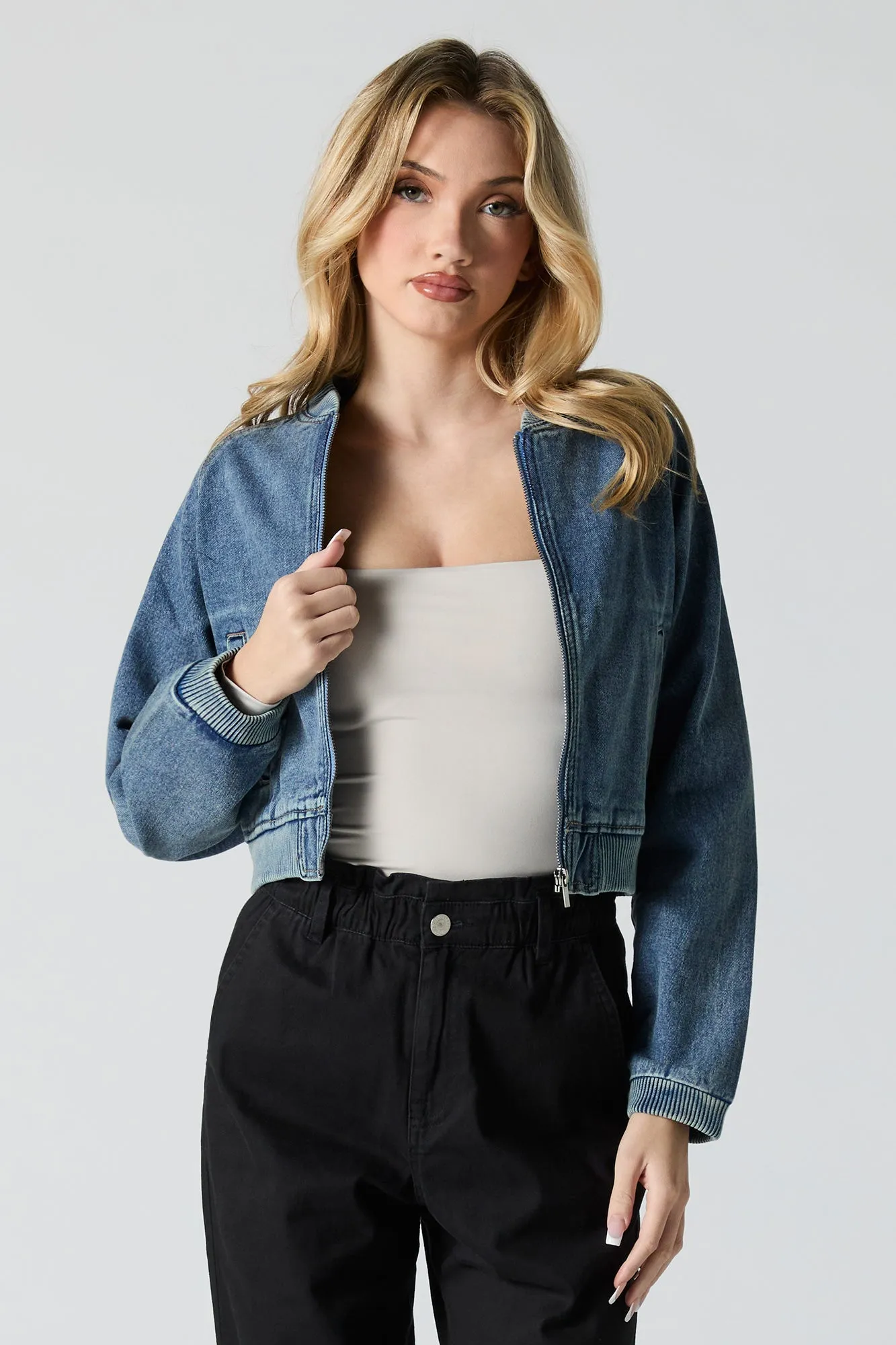 Cropped Denim Bomber Jacket sold by Urban Planet