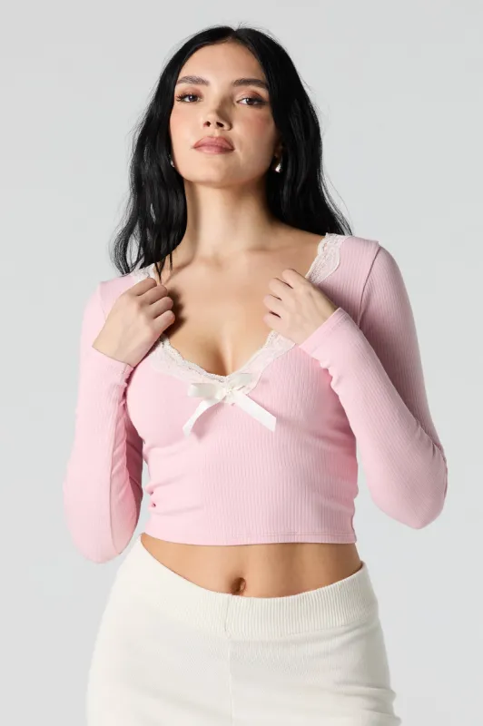 Ribbed Knit Lace Bow Trim Long Sleeve Top sold by Urban Planet