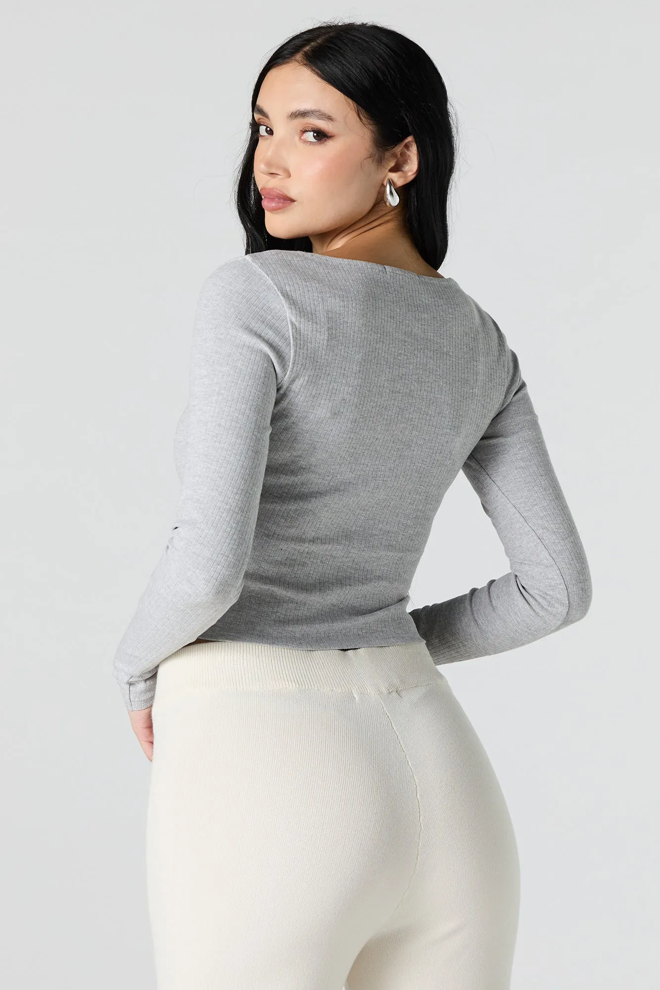 Haut en tricot côtelé à manche longue avec bordure en dentelle et boucle sold by Urban Planet product image thumbnail 5