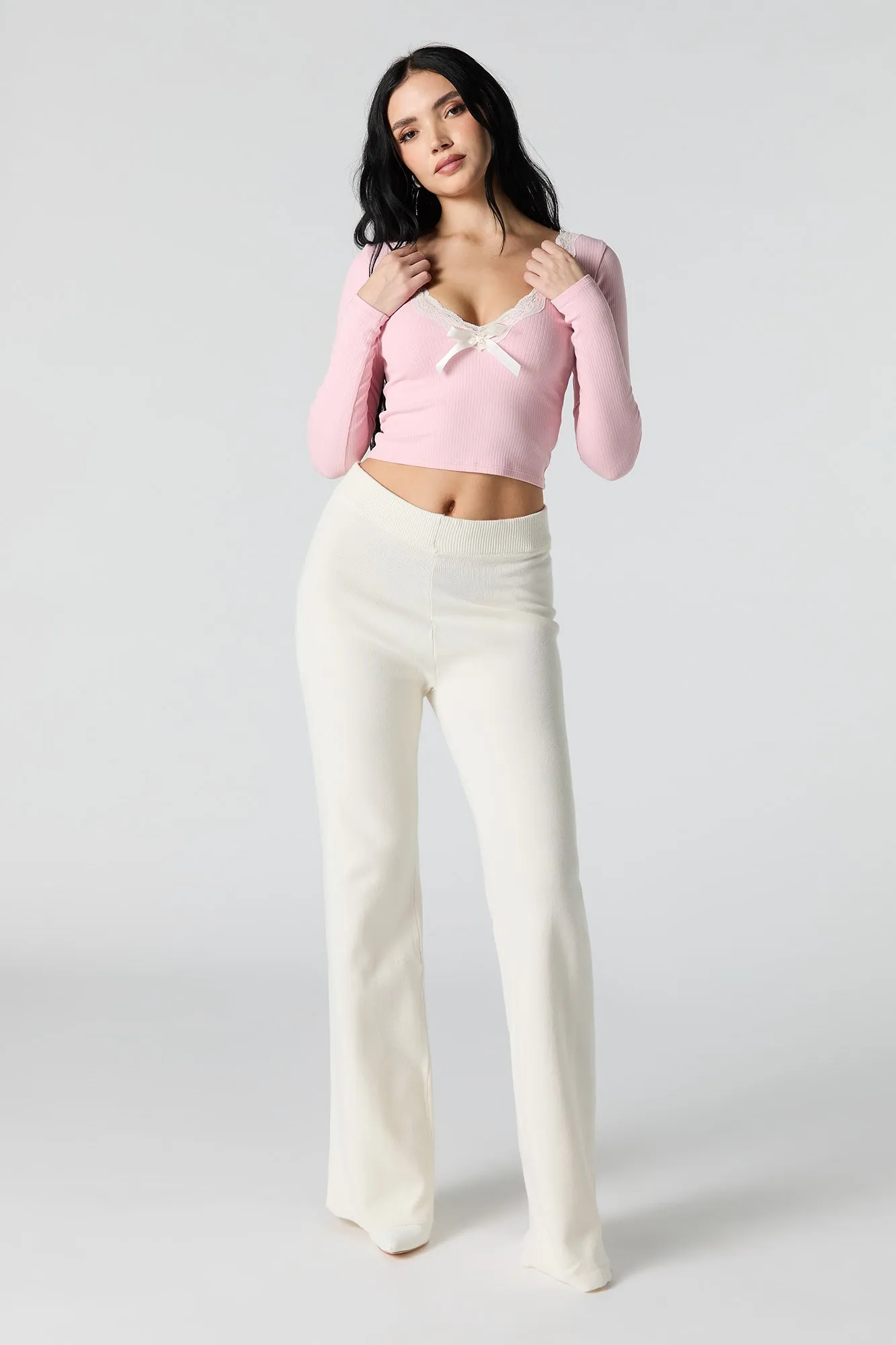 Haut en tricot côtelé à manche longue avec bordure en dentelle et boucle sold by Urban Planet product image thumbnail 3