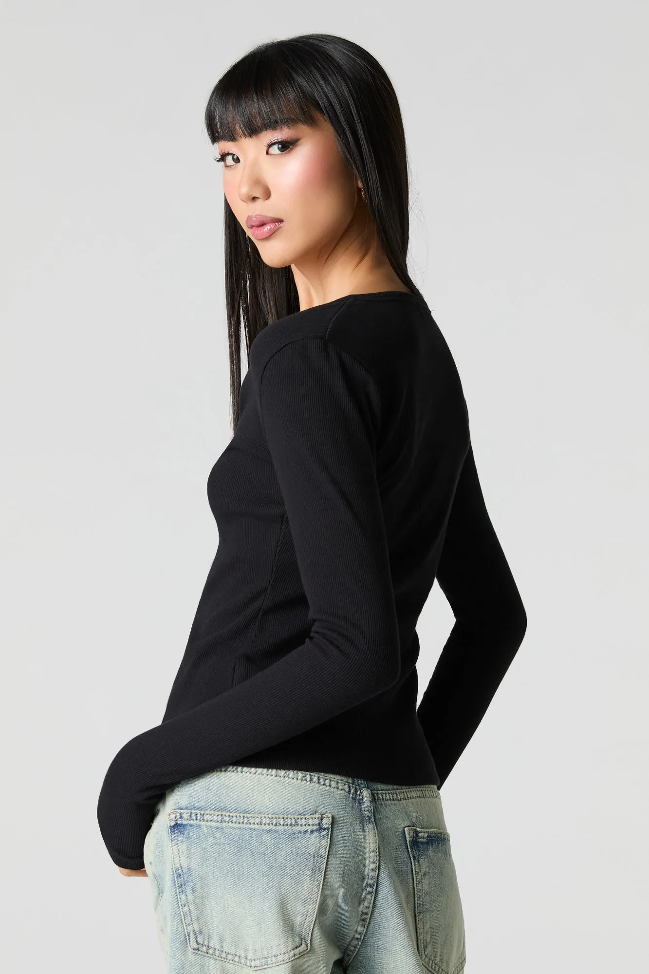 Ribbed V-Neck Button-Up Top sold by Urban Planet product image thumbnail 5