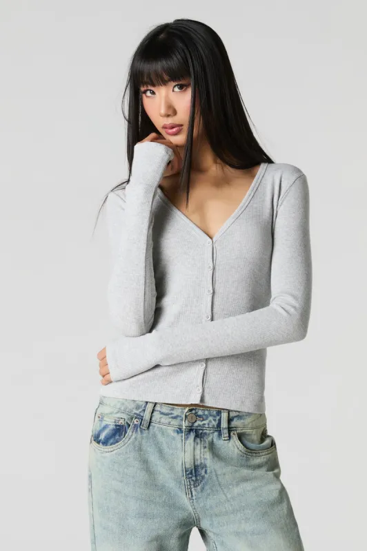 Ribbed V-Neck Button-Up Top sold by Urban Planet