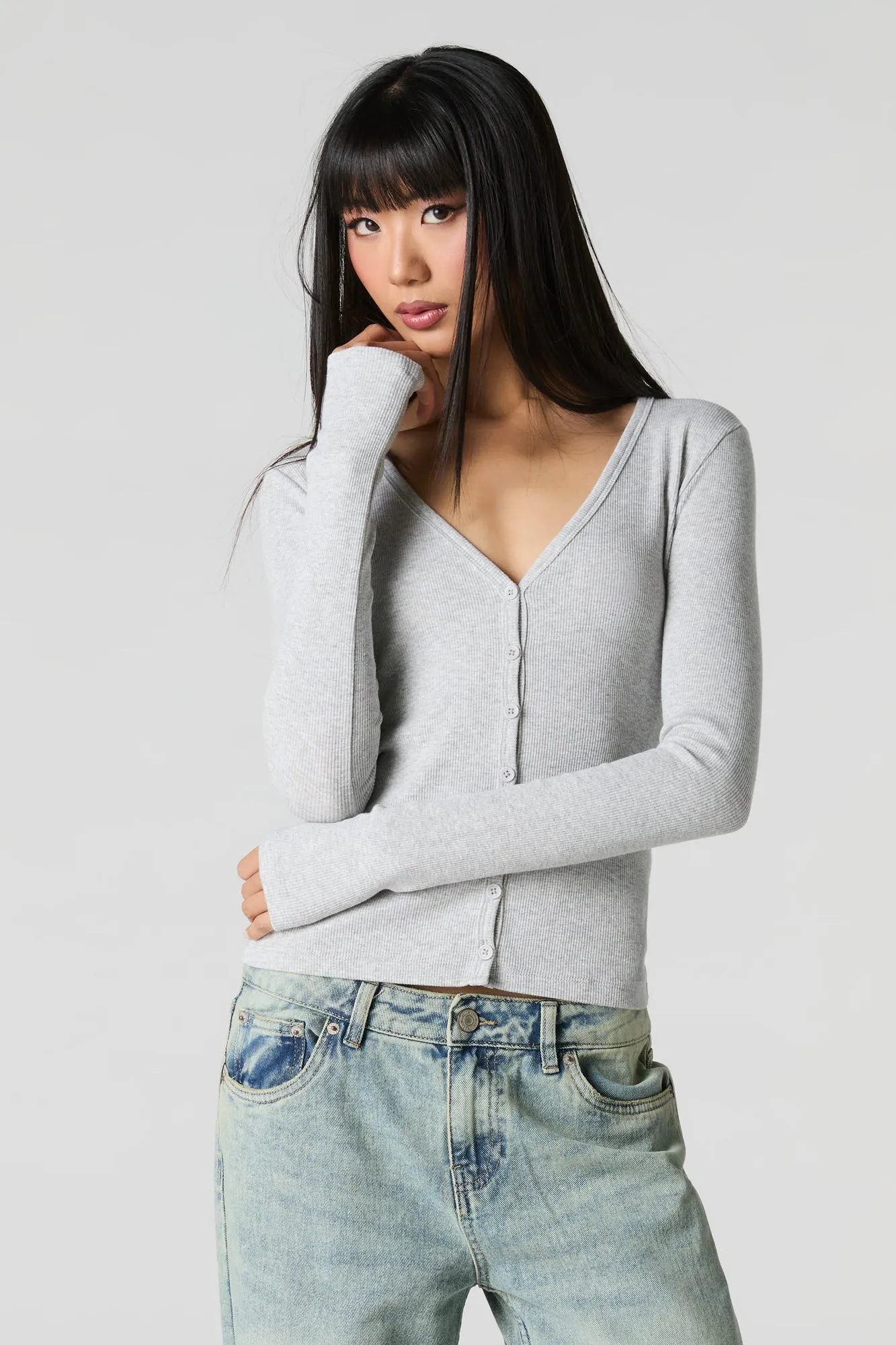 Ribbed V-Neck Button-Up Top sold by Urban Planet