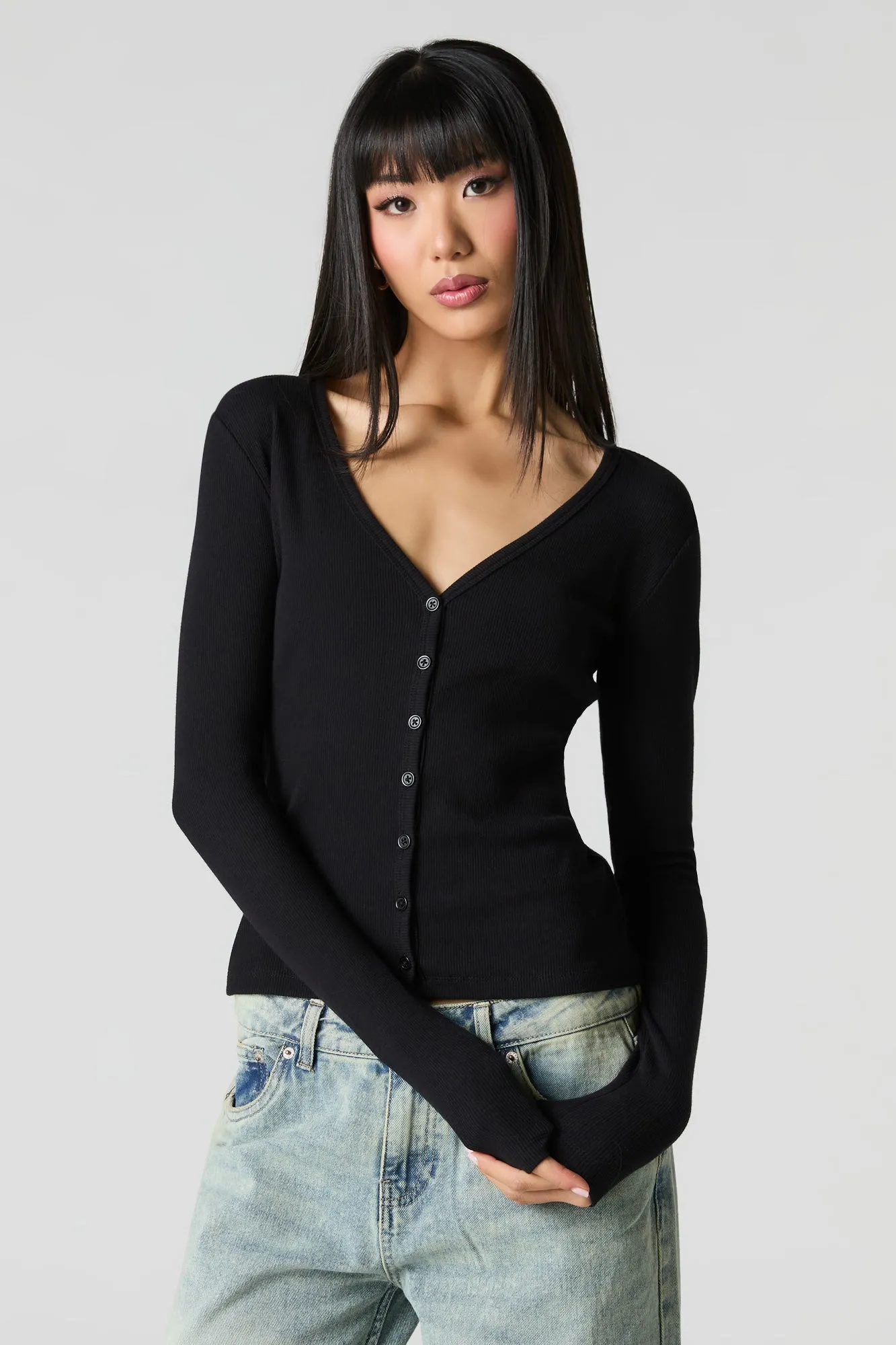 Ribbed V-Neck Button-Up Top sold by Urban Planet product image thumbnail 4