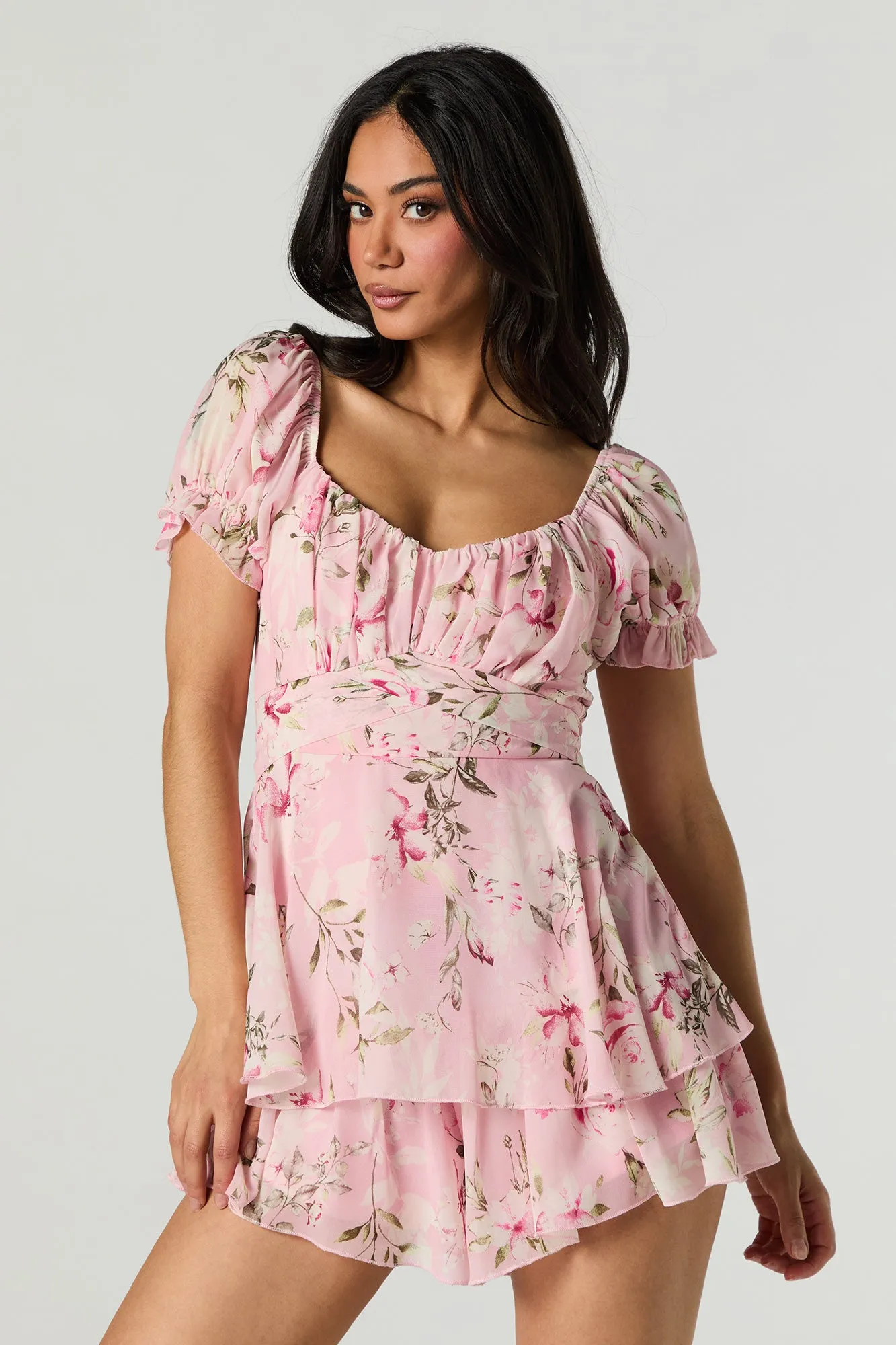 Floral Chiffon Tie Back Tiered Romper sold by Urban Planet