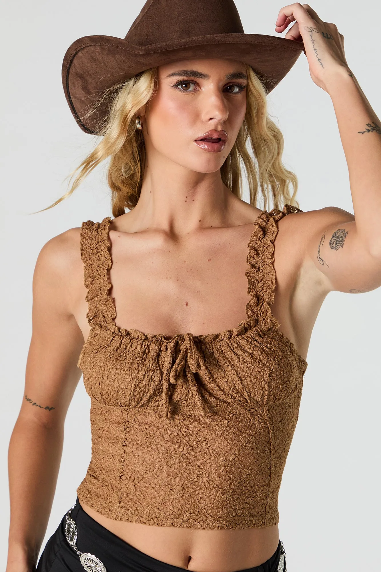 Lace Ruffle Strap Tank sold by Urban Planet