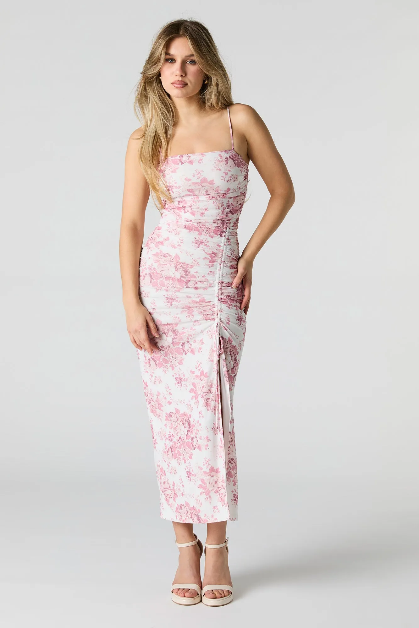 Robe midi ruchée leurie en filet avec fente sold by Urban Planet product image thumbnail 4