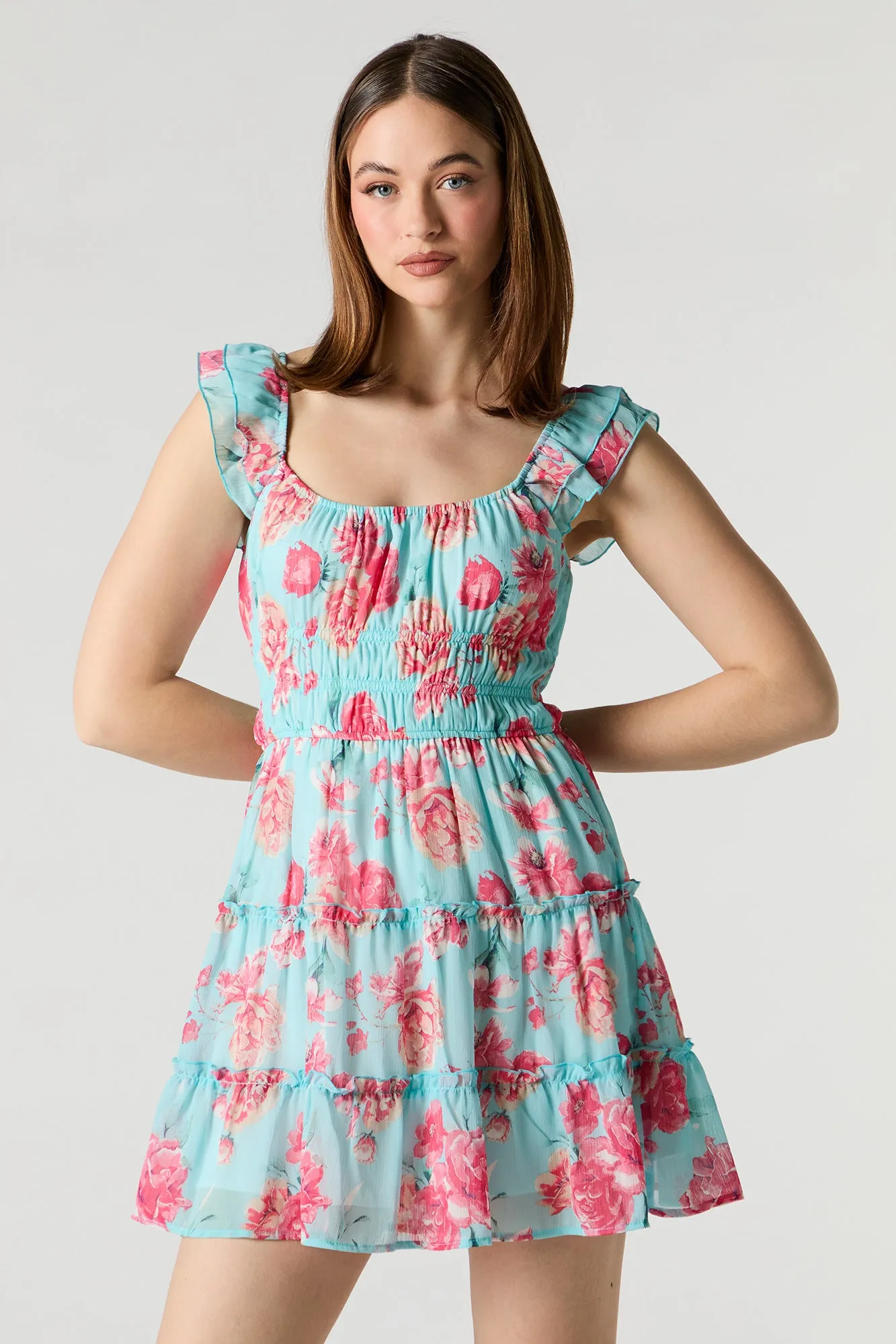 Chiffon Tiered Flutter Sleeve Mini Dress sold by Urban Planet