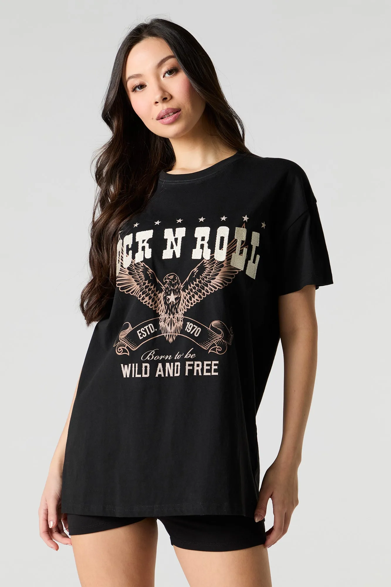 Rock n Roll Embroidered Oversized T-Shirt sold by Urban Planet
