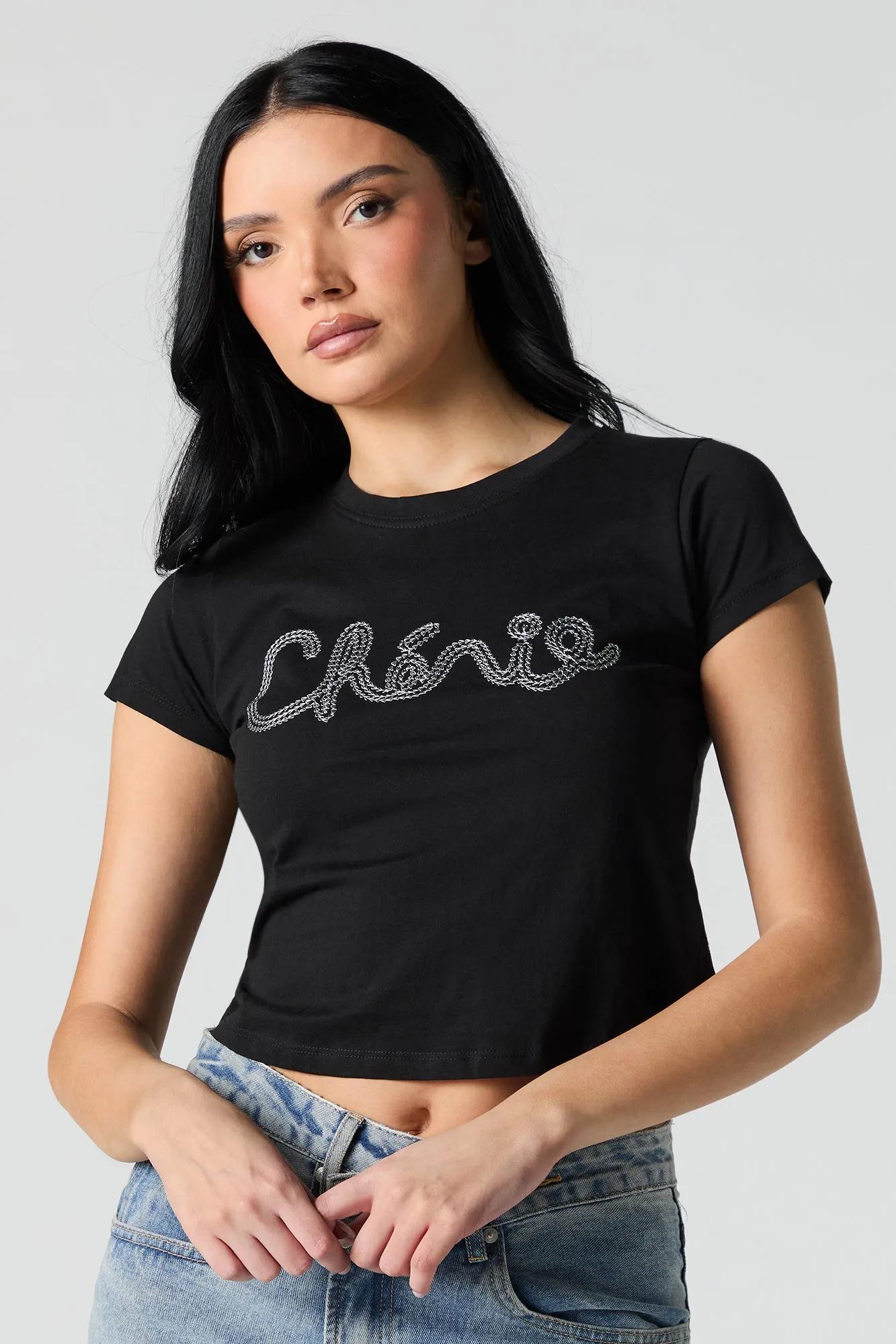 Chérie Embroidered Cropped T-Shirt sold by Urban Planet
