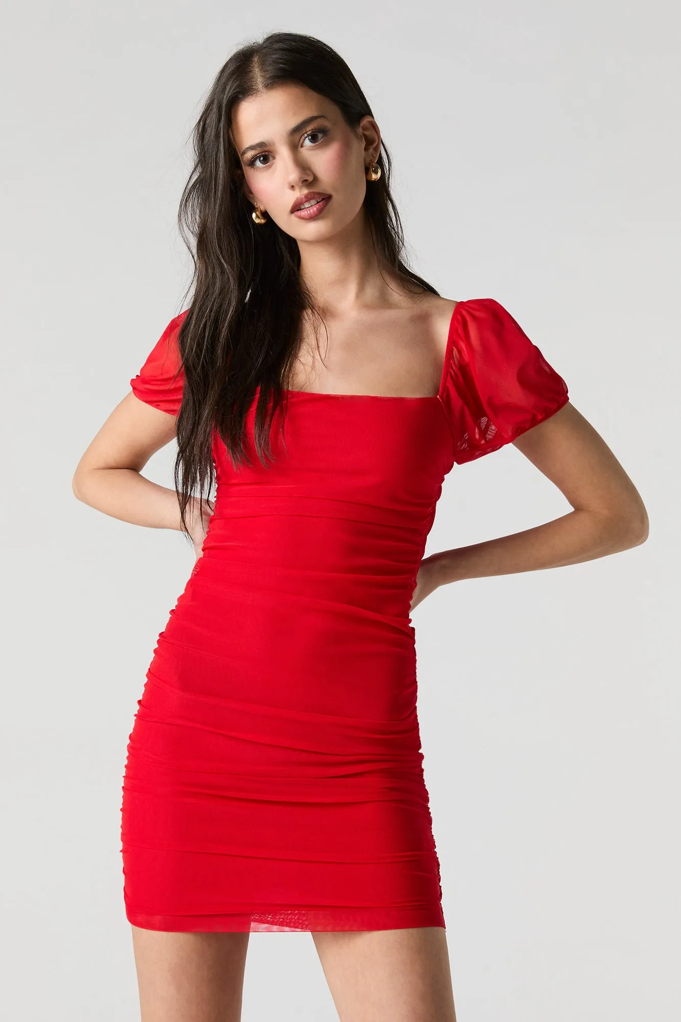 Mesh Ruched Puff Sleeve Mini Dress sold by Urban Planet