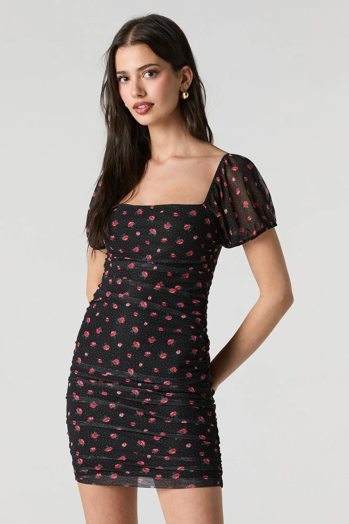 Mesh Ruched Puff Sleeve Mini Dress sold by Urban Planet product image thumbnail 4