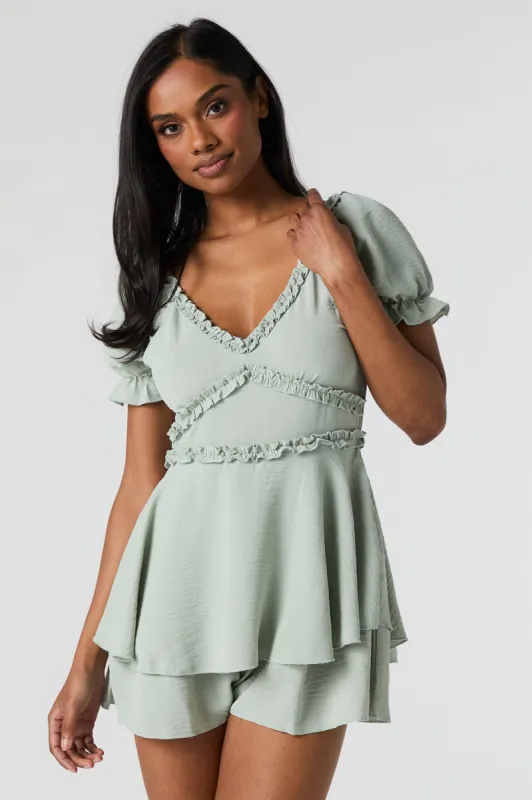 Ruffle Trim Puff Sleeve Tiered Romper sold by Urban Planet