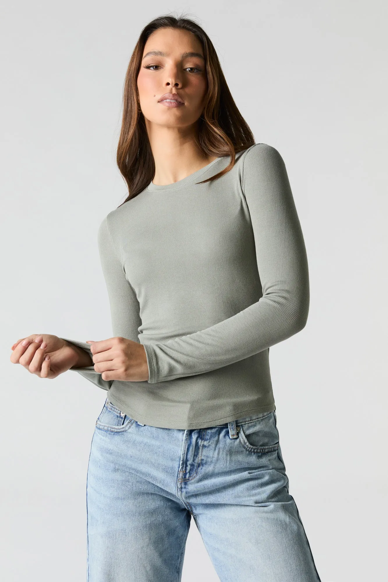 Ribbed Curved Hem Long Sleeve Top sold by Urban Planet