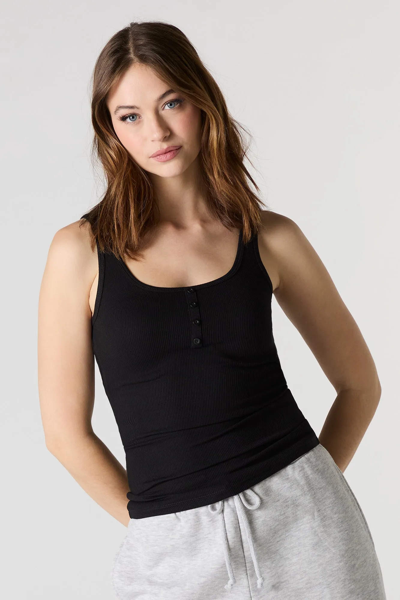 Ribbed Scoop Neck Henley Tank sold by Urban Planet product image thumbnail 4
