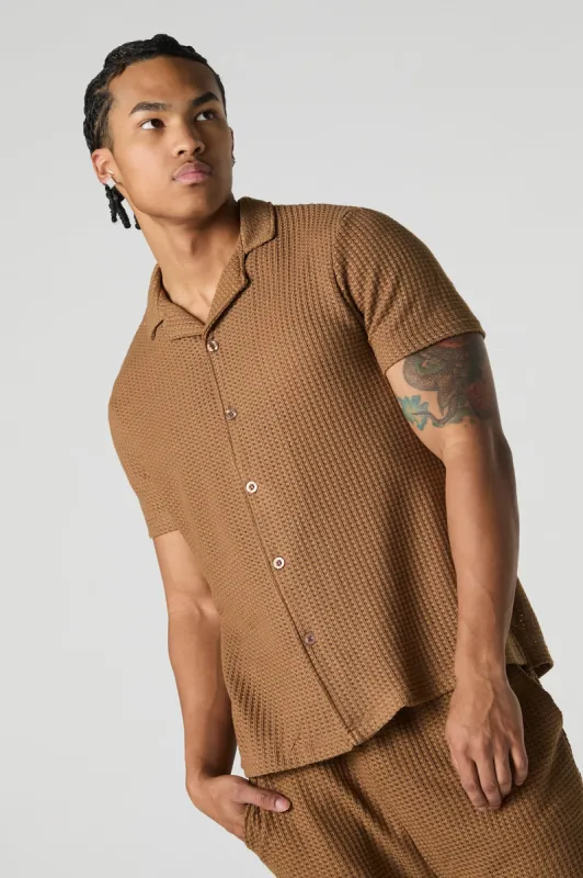 Textured Waffle Knit Button-Up Top sold by Urban Planet