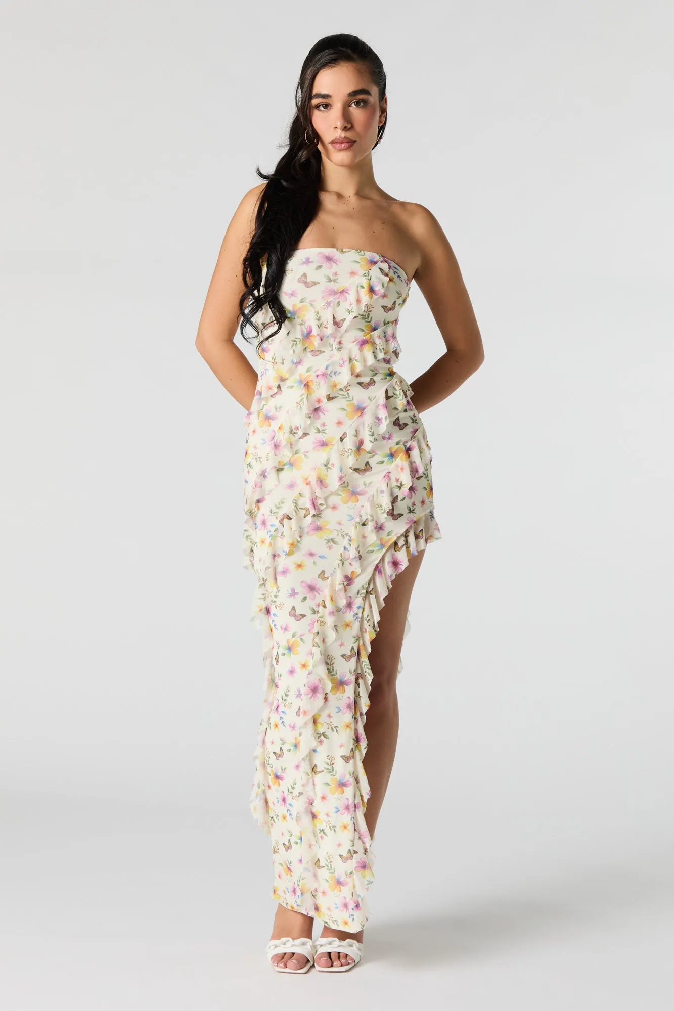 Ruffled Asymmetrical Strapless Maxi Dress sold by Urban Planet