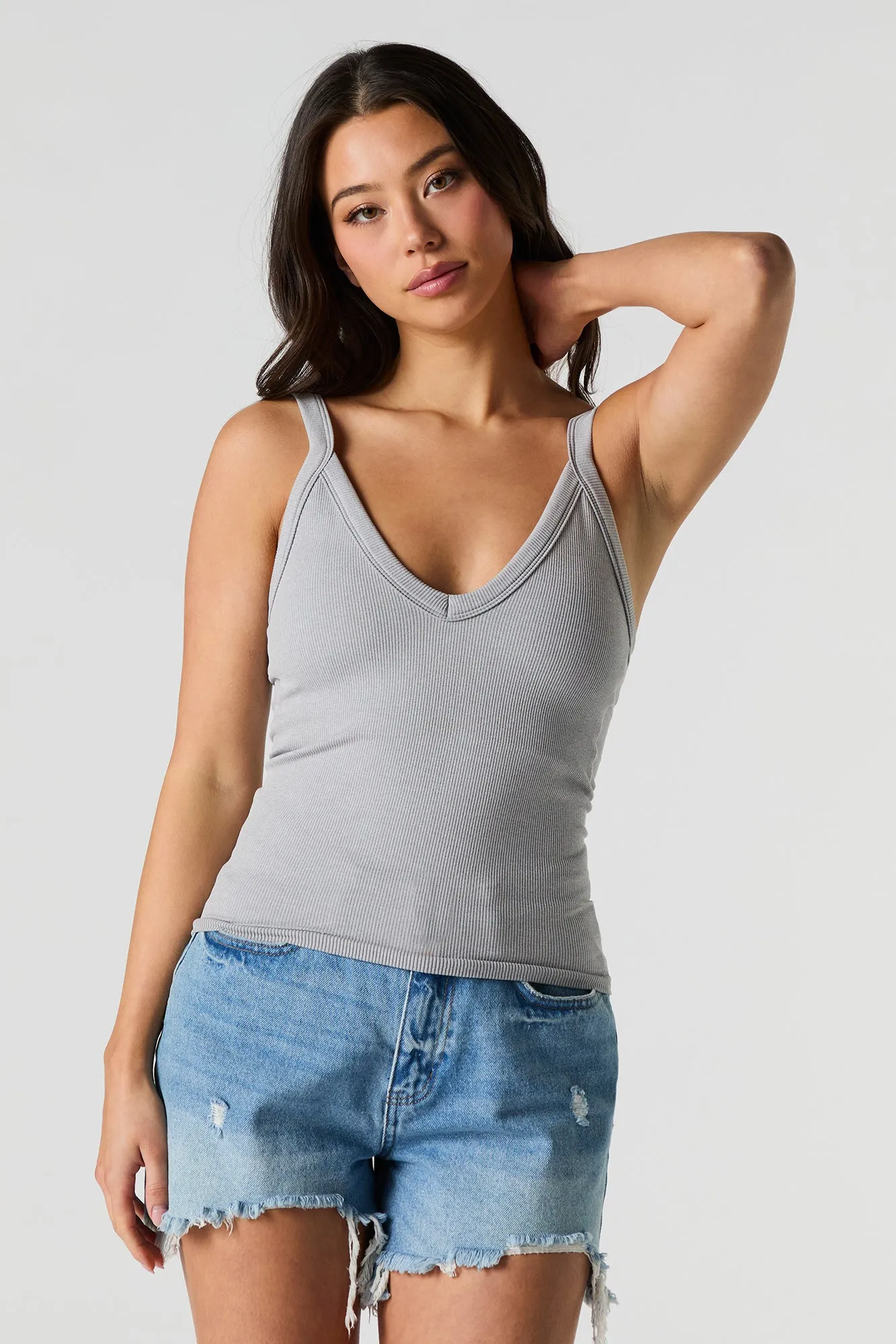 Seamless Ribbed V-Neck Tank with Built-In Cups sold by Urban Planet product image thumbnail 5
