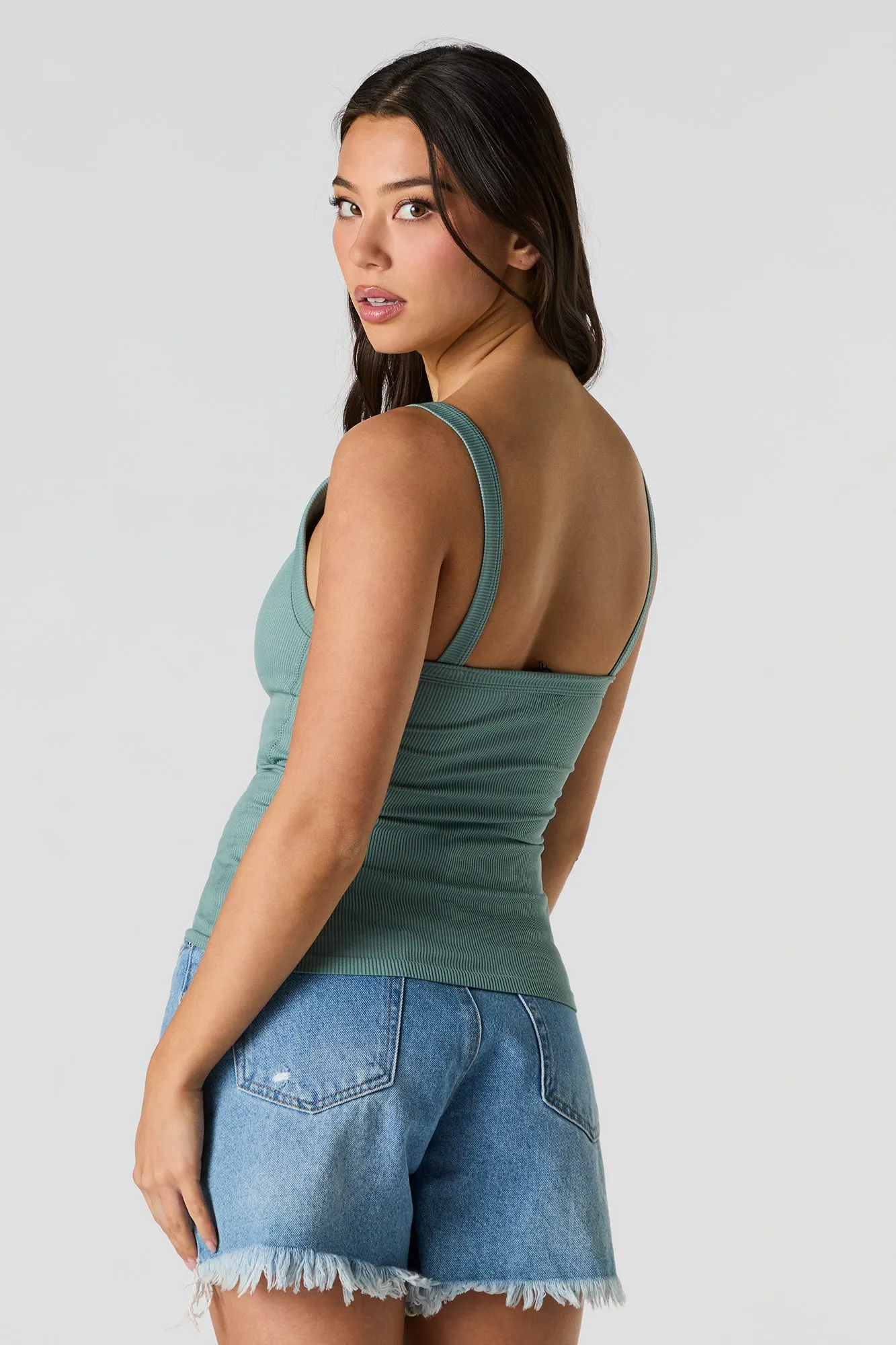 Seamless Ribbed V-Neck Tank with Built-In Cups sold by Urban Planet product image thumbnail 2
