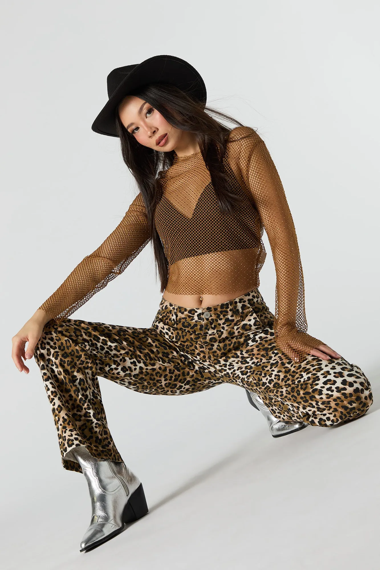 Rhinestone Fishnet Long Sleeve Crop Top sold by Urban Planet