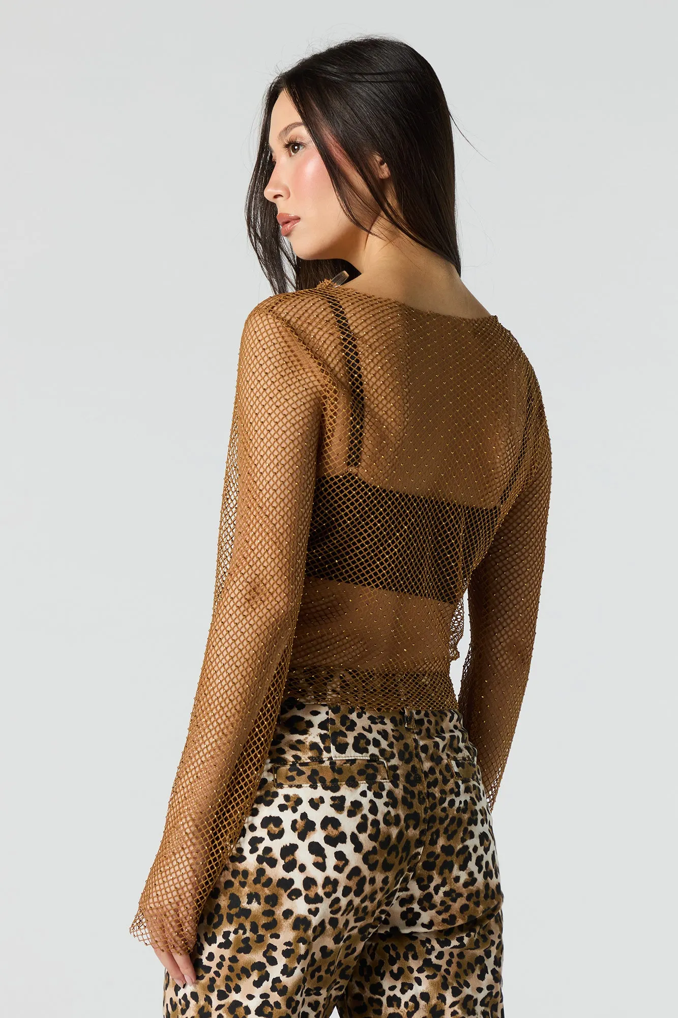 Rhinestone Fishnet Long Sleeve Crop Top sold by Urban Planet product image thumbnail 2