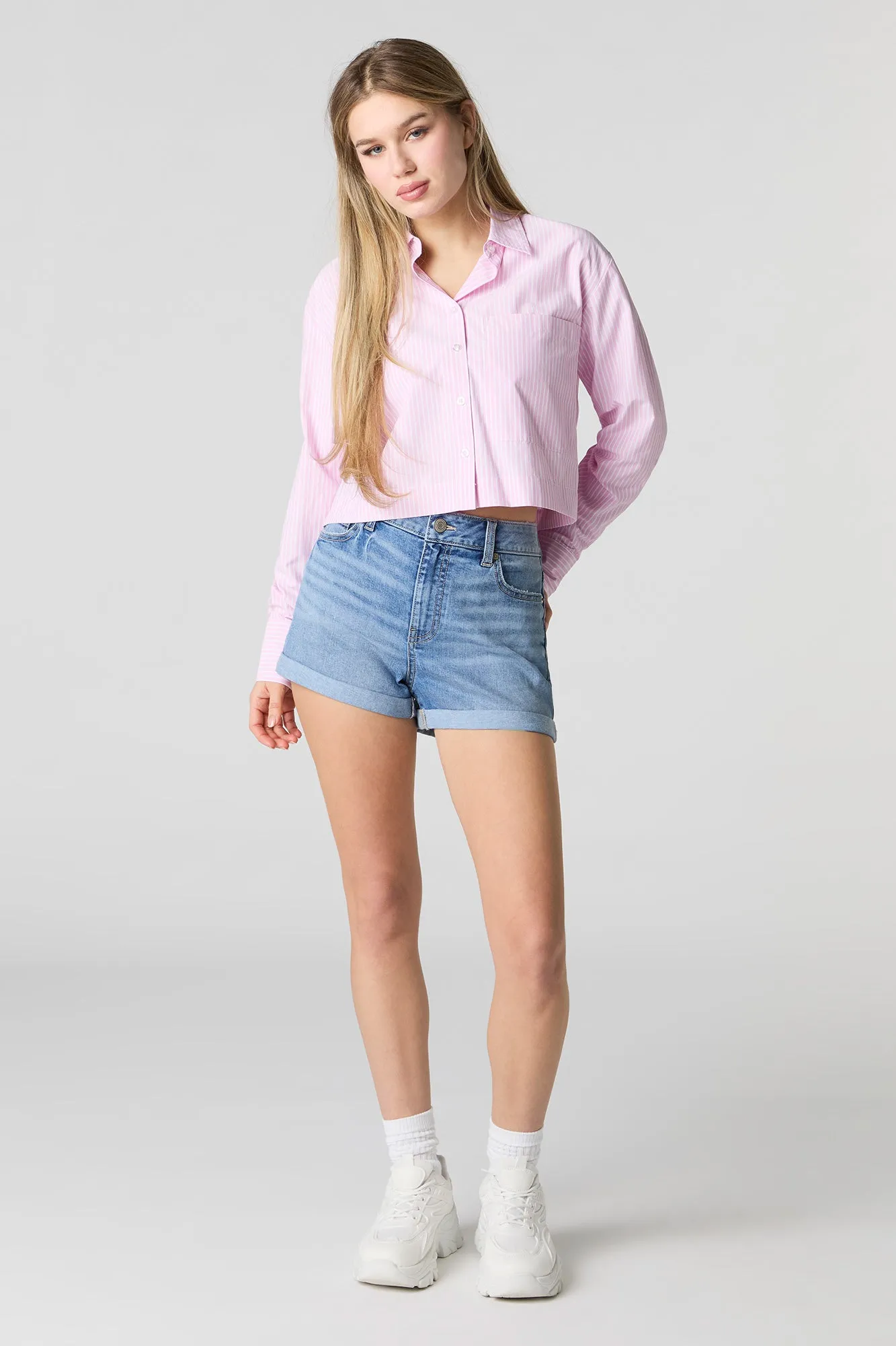 Poplin Cropped Button-Up Long Sleeve Top sold by Urban Planet product image thumbnail 3