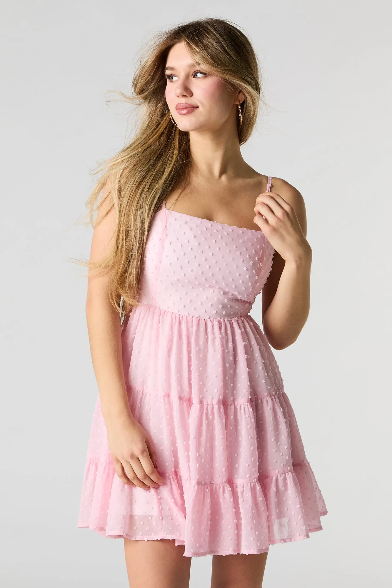 Swiss Dot Tiered Mini Dress with Built-In Cups sold by Urban Planet