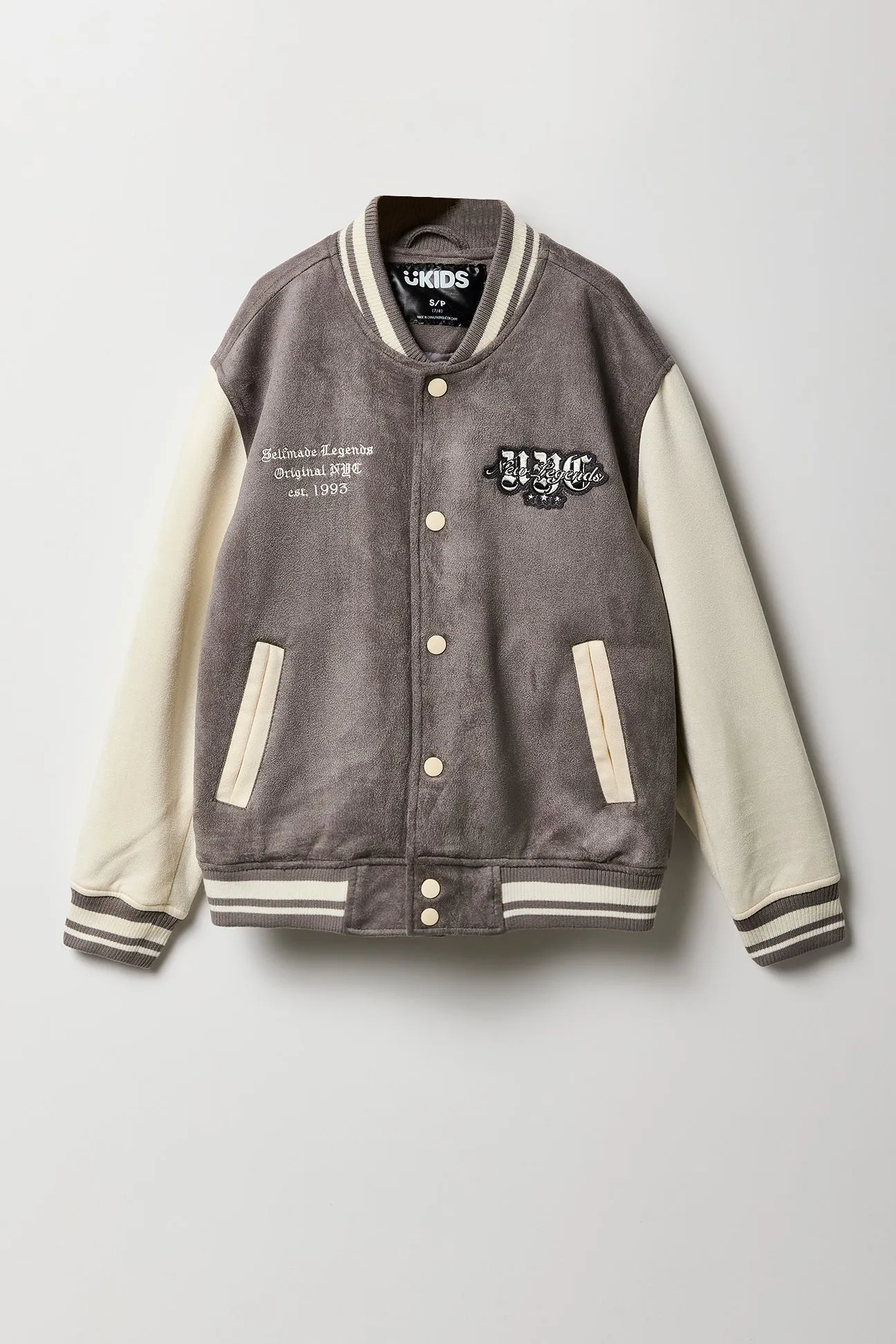 Boys Faux Suede Embroidered Varsity Jacket sold by Urban Planet