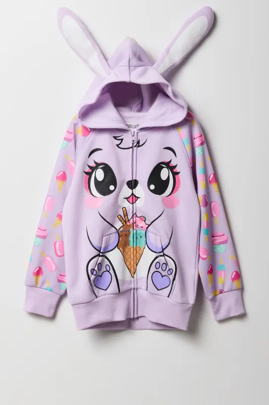 Haut à capuchon avec imprimé Ice Cream Bunny et fermeture à glissière pour fille sold by Urban Planet