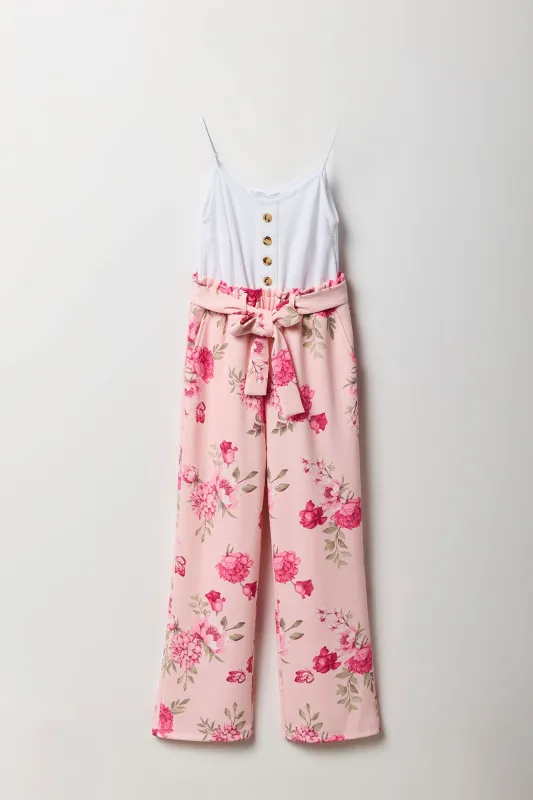 Girls Button Front Floral Belted Jumpsuit sold by Urban Planet