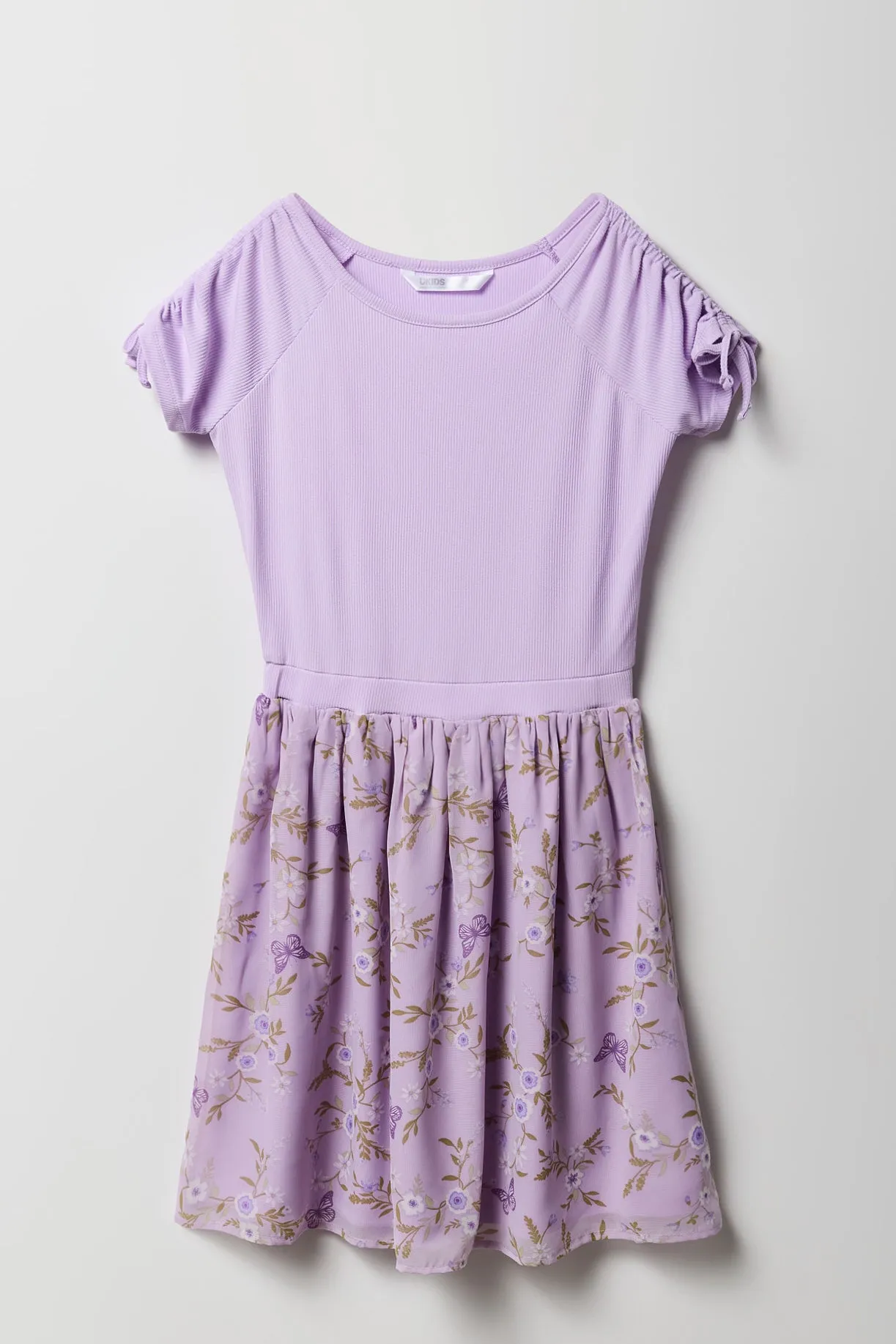 Girls Floral Chiffon Ruched Sleeve Skater Dress sold by Urban Planet