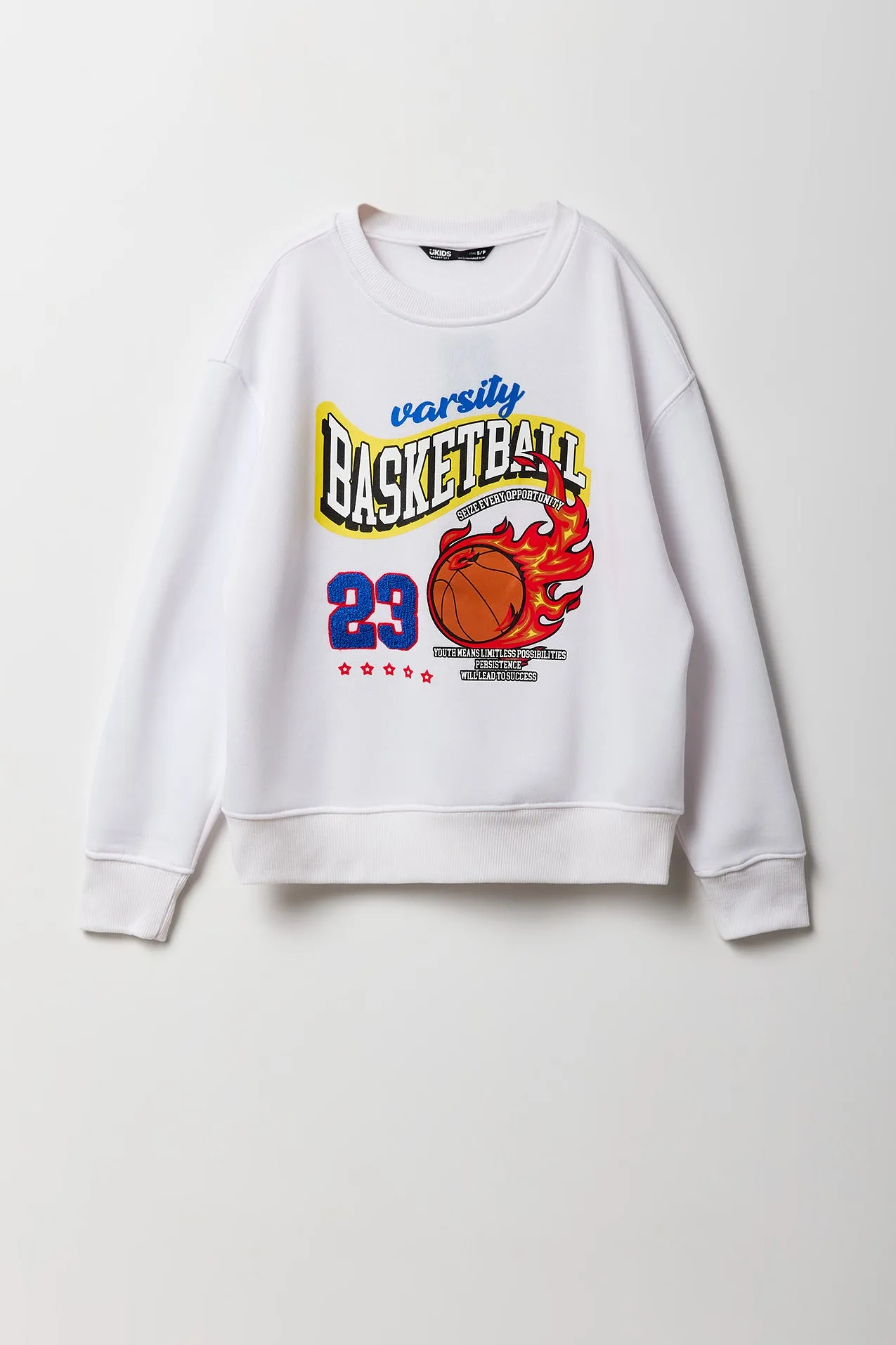 Boys Varsity Basketball Chenille Embroidered Graphic Fleece Sweatshirt sold by Urban Planet