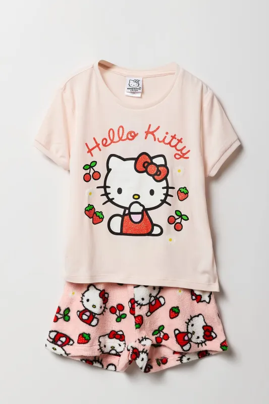 Girls Hello Kitty Cherries T-Shirt & Plush Short 2 Piece Pajama Set sold by Urban Planet