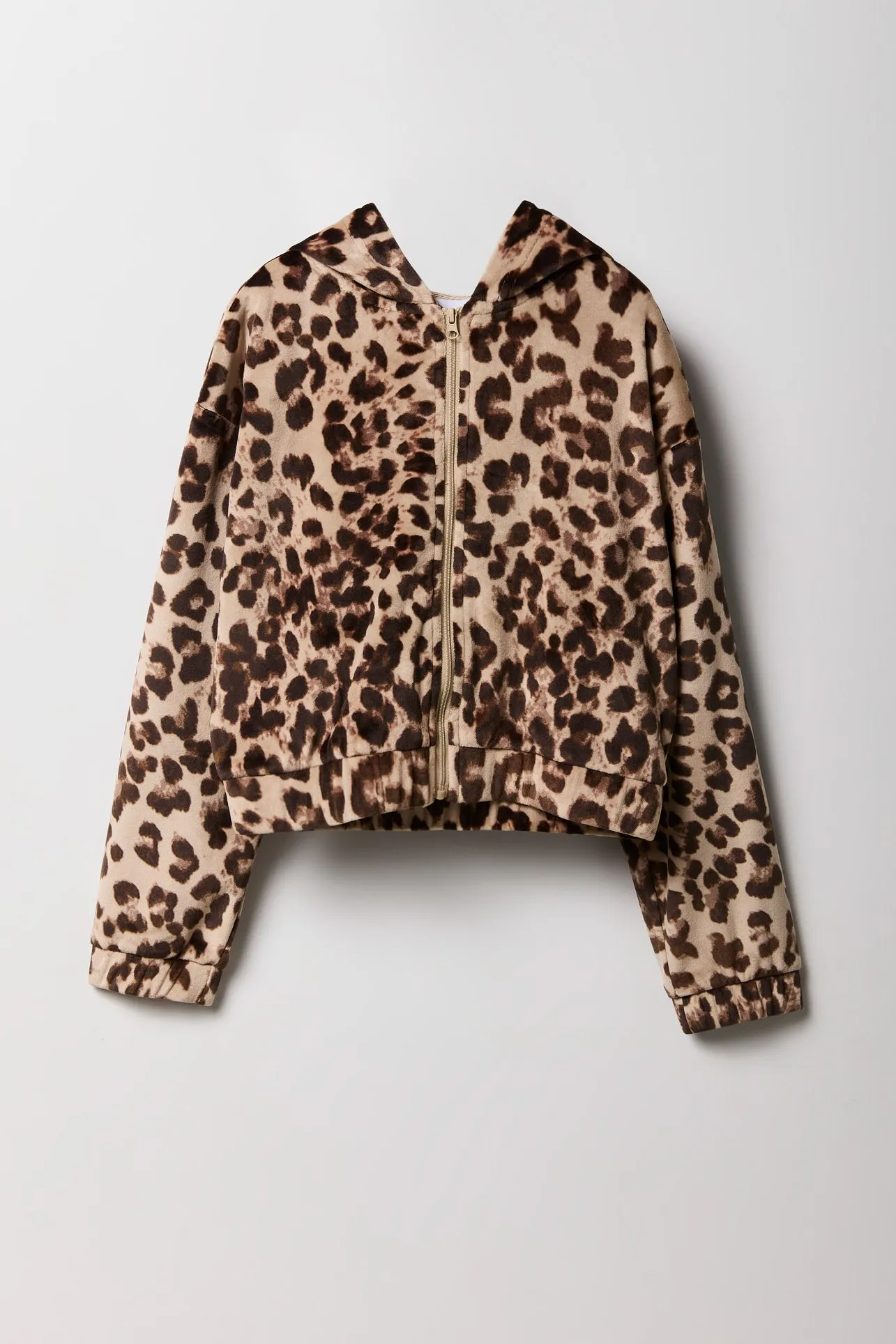 Girls Cheetah Velour Zip-Up Hoodie sold by Urban Planet