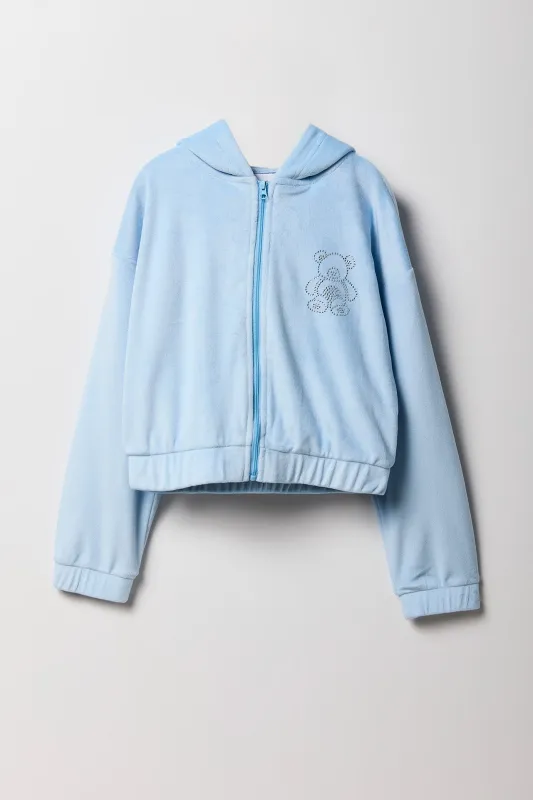 Girls Rhinestone Velour Zip-Up Hoodie sold by Urban Planet