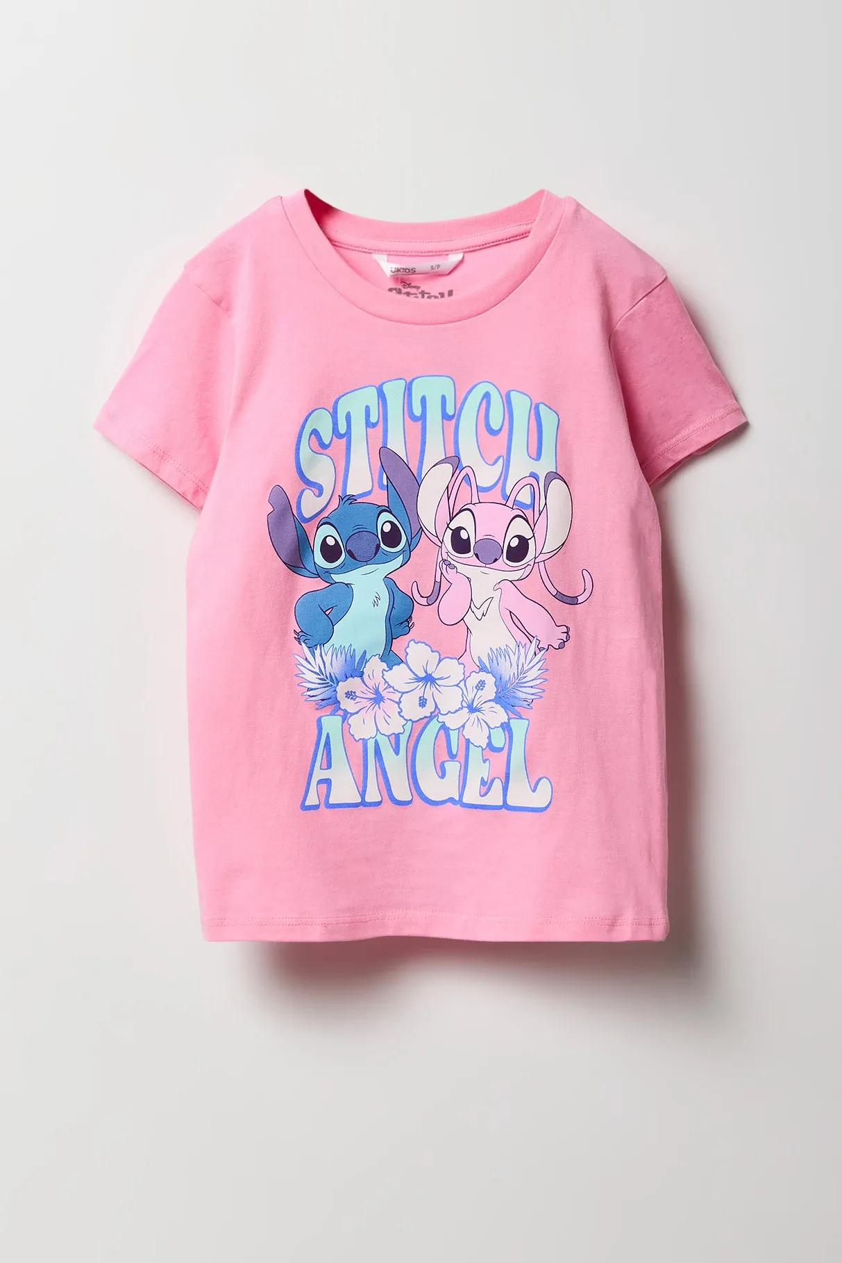 Girls Stitch & Angel Pink Graphic T-Shirt sold by Urban Planet
