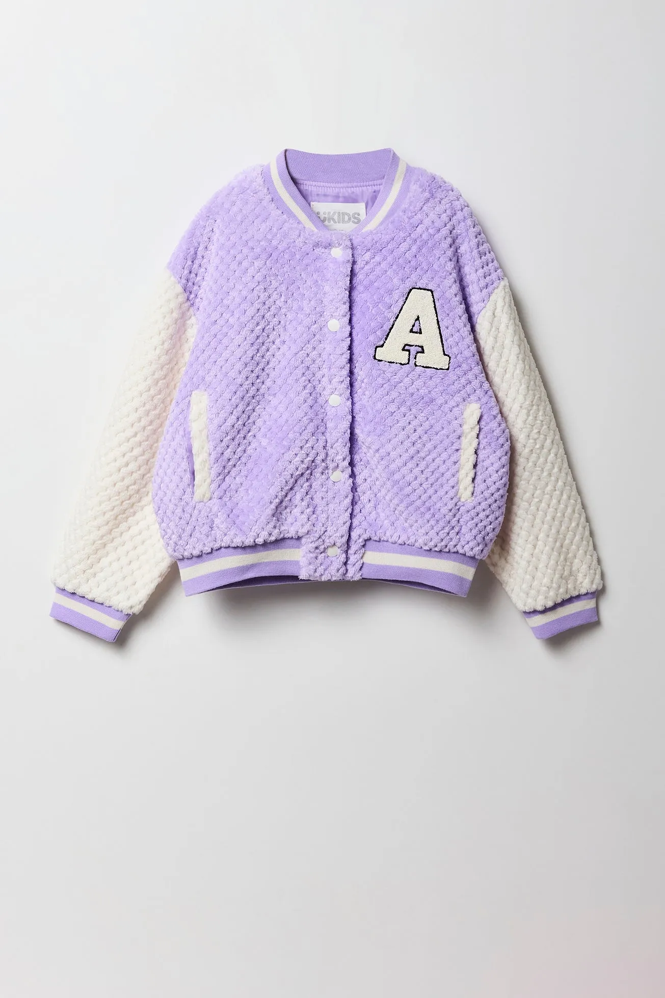 Girls Quilted Plush Chenille Embroidered Varsity Jacket sold by Urban Planet product image thumbnail 5