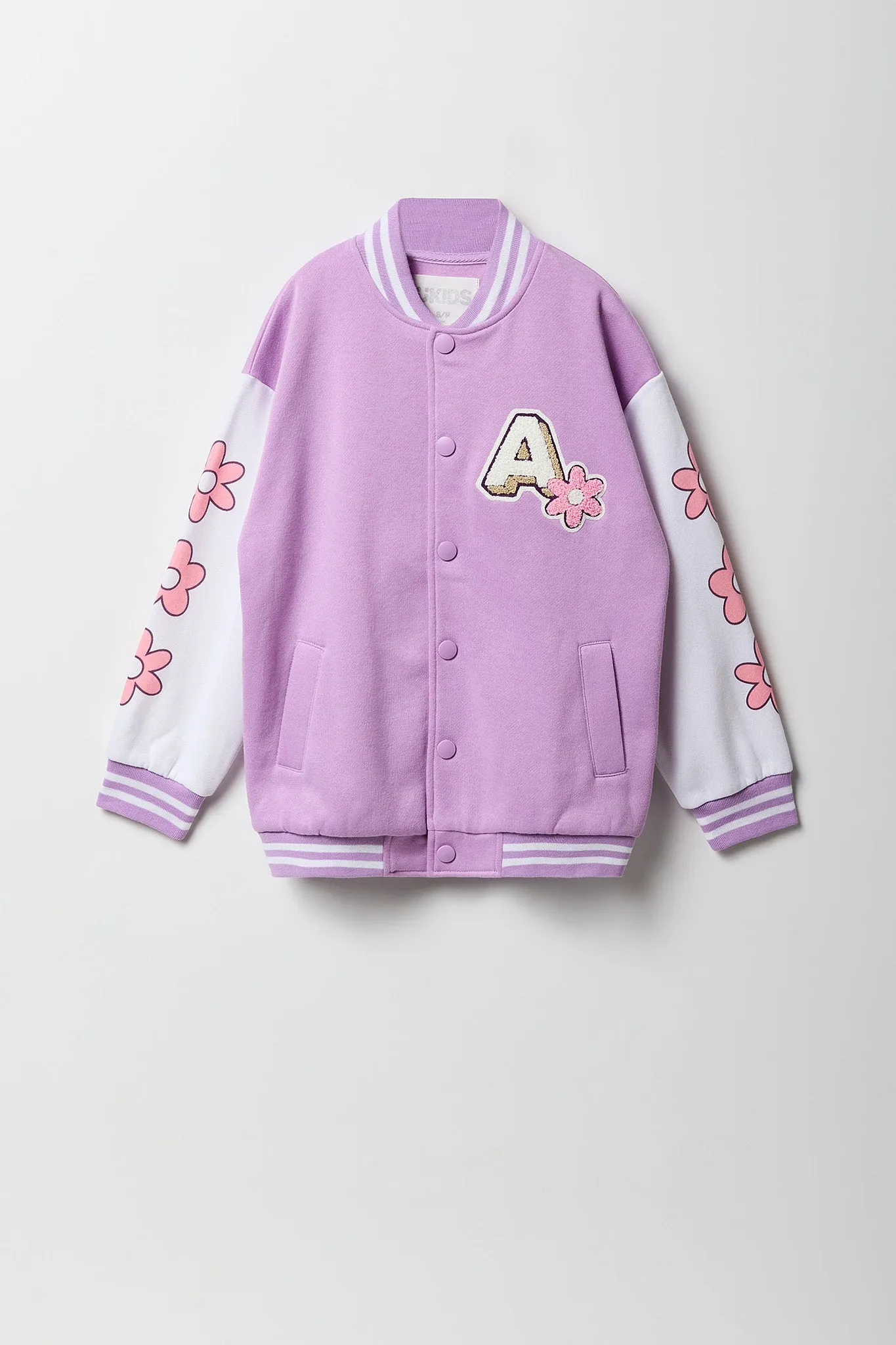 Girls Chenille Embroidered Fleece Varsity Jacket sold by Urban Planet