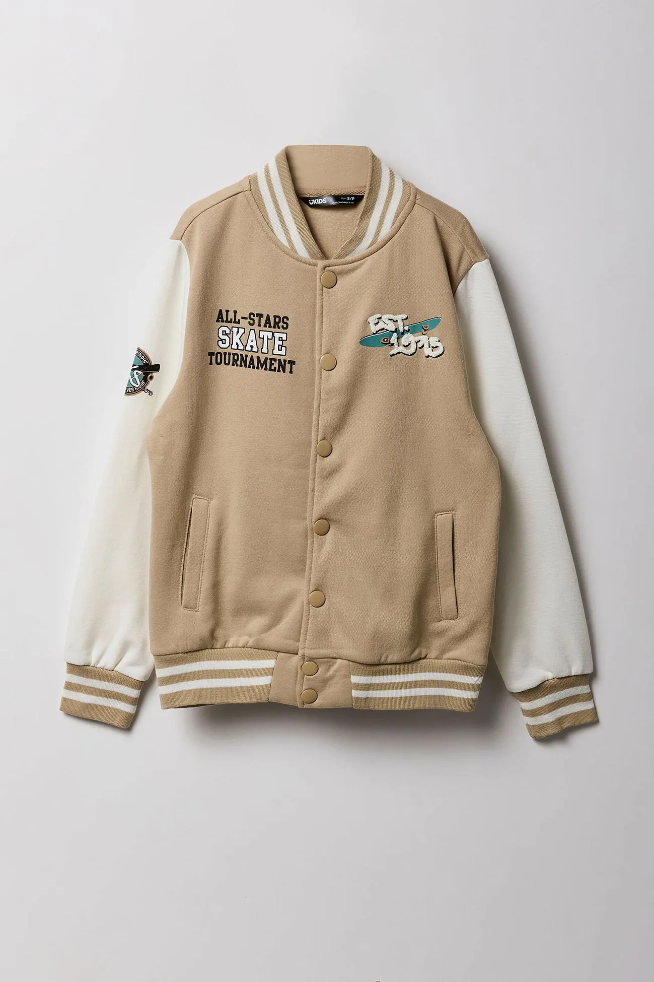 Boys Chenille Embroidered Fleece Varsity Jacket sold by Urban Planet