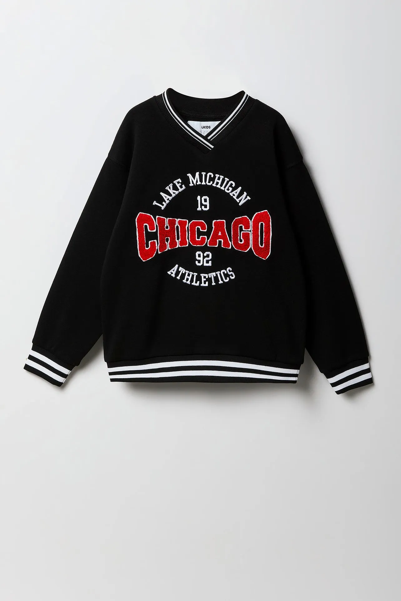 Girls Oversized Chenille Embroidered Fleece V-Neck Sweatshirt sold by Urban Planet